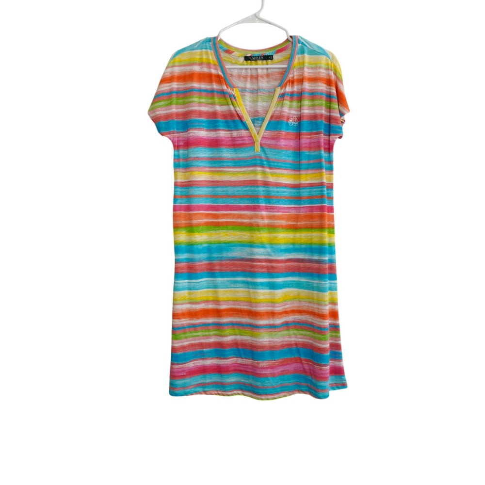 Lauren Ralph Lauren Striped Cotton Shift Dress Multi Color V-Neck Embroidered